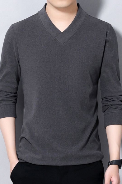 Guys Basic Solid Color Tee Long Sleeve V-neck Regular Fitted Tee Top