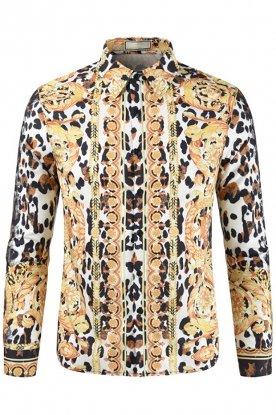 Guys Stylish Shirt Leopard Floral 3D Print Long Sleeve Point Collar Regular Shirt