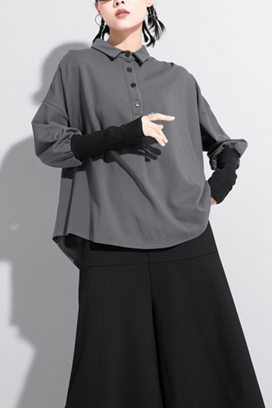 Ladies Trendy T Shirt Panel Long Sleeve Polo Collar Curved Hem Loose T Shirt