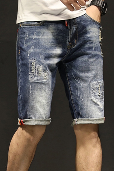 Men's Summer Dark Blue Distressed Ripped Stretch Fitted Denim Shorts