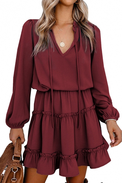 Popular Dress Solid Color Long Sleeve Drawstring V-neck Ruffled Short Pleated A-line Dress for Ladies