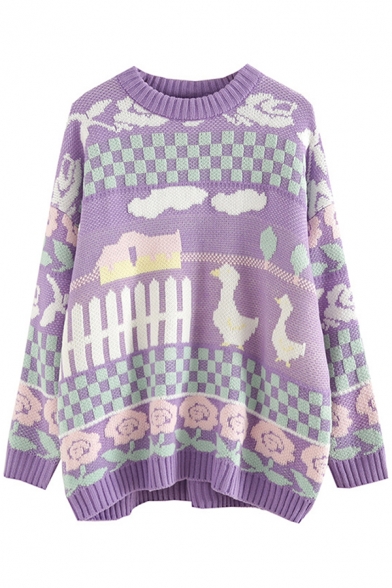 Purple Cute Flower Duck Plaid Print Long Sleeve Oversized Jacquard Sweater for Preppy