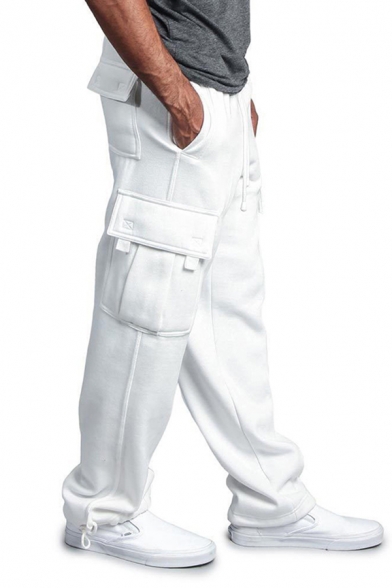Retro Men's Cargo Pants Plain Flap Pockets Drawstring Waist Long Relaxed Fit Pants
