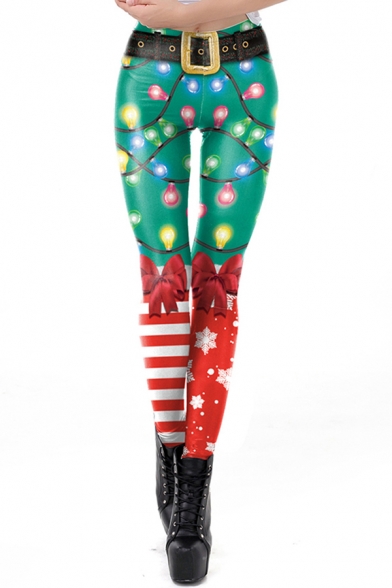 Retro Women's Leggings Christmas Shorts 3D Pattern High Rise Full Length Skinny Leggings