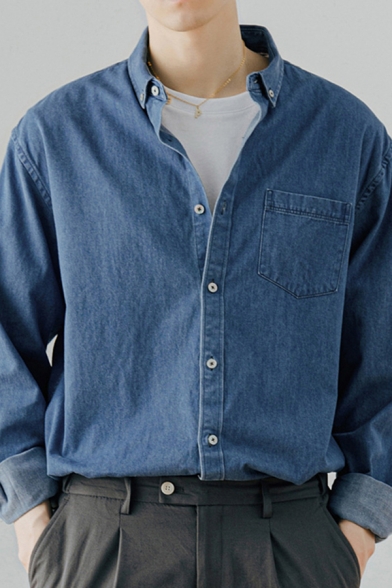 Simple Guys Shirt Long Sleeve Button-down Collar Relaxed Fit Denim Shirt in Blue
