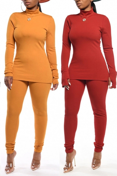 Simple Womens Co-ords Solid Color Long Sleeve Mock Neck Fit Tee Top & Pants Set