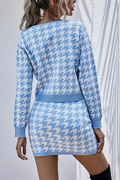 Sky Blue Houndstooth Printed Knit Long Sleeve Button-up Cardigan & Mini Sheath Skirt Chic Set for Ladies