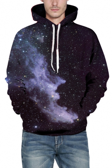 Stylish Men's Hoodie Galaxy Space 3D Pattern Front Pocket Long Sleeves Relaxed Fitted Drawstring Hooded Sweatshirt