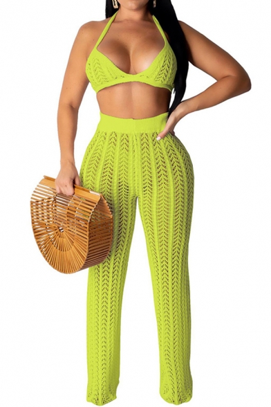 Stylish Set Solid Color Halter Hollow Out Knitted Fit Crop Top & Straight Pants Set for Women