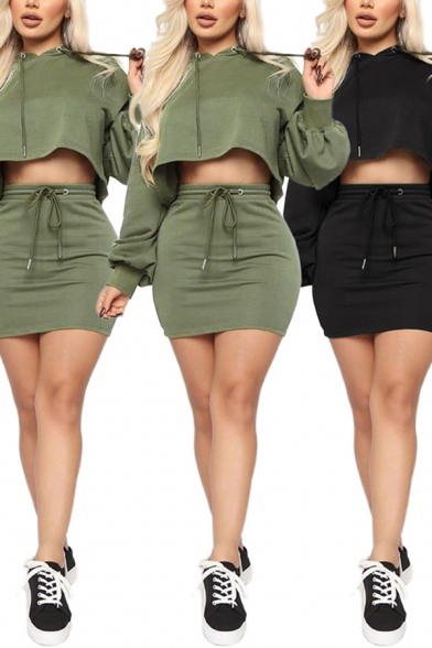Stylish Womens Set Solid Color Long Sleeve Drawstring Relaxed Fit Crop Hoodie & Mini Tight Skirt Set