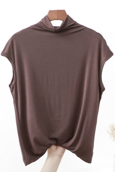 Stylish Womens T-Shirt Plain Mock Neck Sleeveless Regular Fitted Bottoming Tee Top