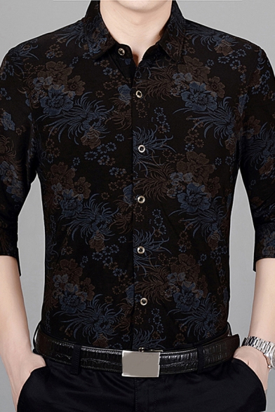 Trendy Men's Shirt Floral Pattern Button Fly Turn-down Collar Long Sleeves Fitted Shirt