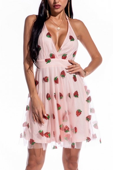 Amazing Girls Dress Strawberry Sequins Deep V-neck Halter Backless Mesh Patched Short A-line Tank Dress in Pink