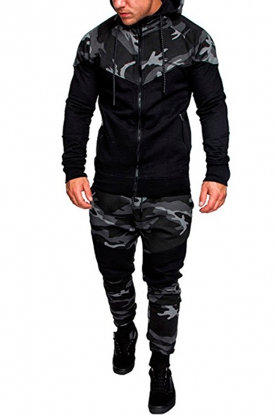 Casual Men's Co-ords Camo Pattern Color Block Contrast Panel Side Pockets Long-sleeved Regular Fitted Hoodie with Long Pants