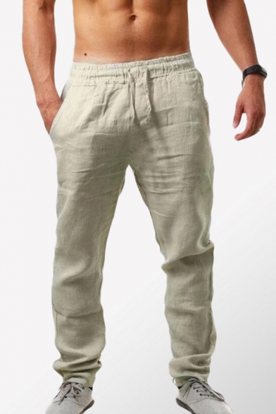 Casual Men's Pants Cotton and Linen Plain Side Pocket Drawstring Elastic Waist Regular Fitted Long Straight Pants