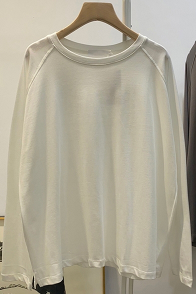 Casual Womens Tee Top Solid Color Crew Neck Long Sleeves Raglan Side Split Hem Regular Fitted T-Shirt