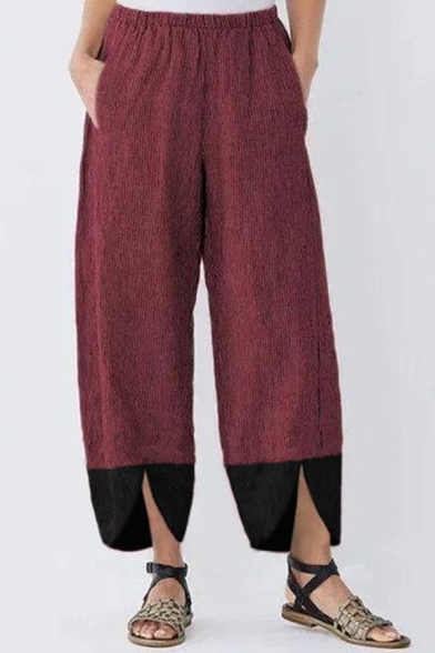 Classic Trousers Elastic Waist Contrasted Split Ankle Baggy Trousers for Women