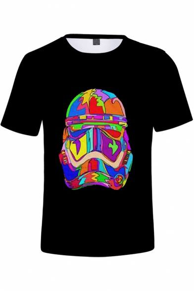 Colorful Robot Printed Round Neck Short Sleeve Tee