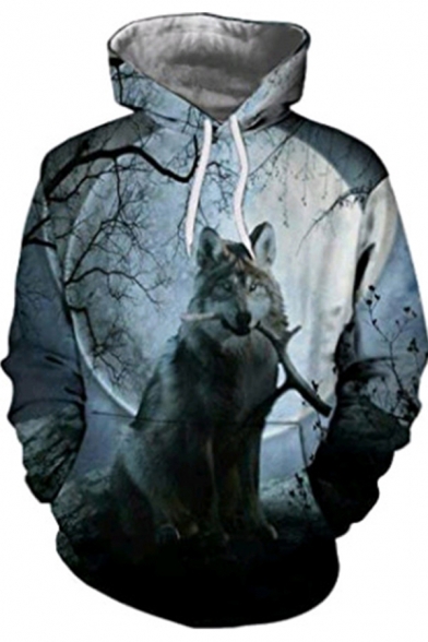Elegant Men's Hoodie Water Painted Cartoon Wolf Digital Graphic 3D Pattern Front Pocket Long-sleeved Regular Fitted Drawstring Hooded Sweatshirt