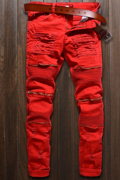 Fancy Men's Jeans Distressed Pleated Zip Detail Mid Waist Straight Long Jeans