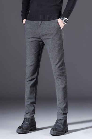 Fancy Men's Pants Solid Color Brushed Inner Zip Fly Pocket Detail Long Straight Pants