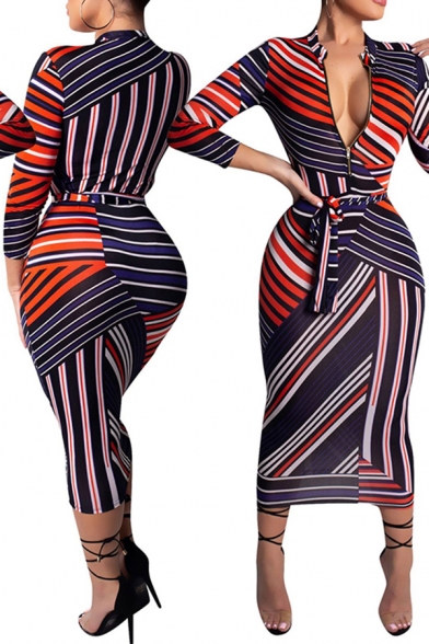 Fancy Women's Dress Stripe Pattern Zip Detail Drawstring Waist Long Sleeves Slim Fitted Maxi Dress