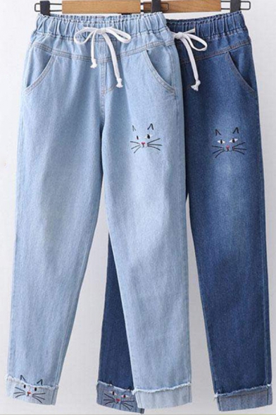Fancy Women's Jeans Cat Face Embroidered Drawstring Elastic Waist Rolled up Hem Tapered Jeans with Pocket