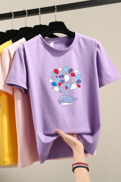 Fancy Women's Tee Top Cartoon Whale Pattern Round Neck Short Sleeves Regular Fitted T-Shirt