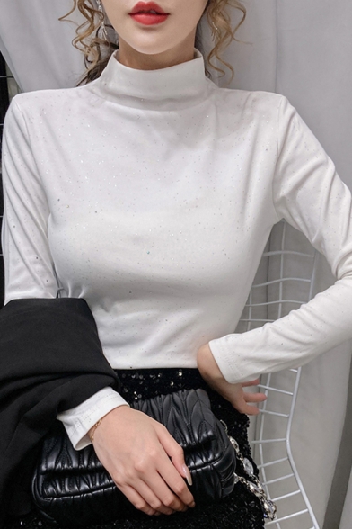Fancy Women's Tee Top Glitter Detail Mock Neck Long Sleeves Regular Fitted Bottoming T-Shirt