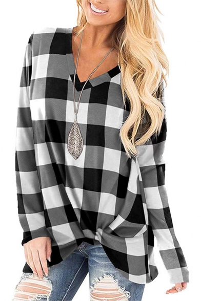 Girls Tee Top Plaid Stripe Pattern Long Sleeve V-neck Twist Hem Loose Fashion T Shirt
