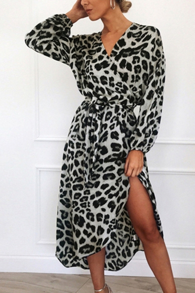 Ladies Elegant Dress Leopard Print Long Sleeve Surplice Neck Tied Waist Mid Wrap Dress