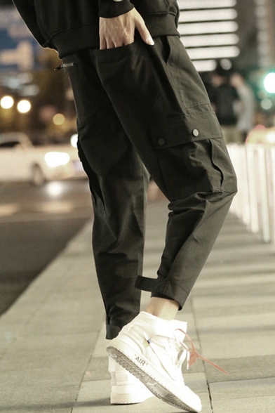 Leisure Men's Cargo Pants Solid Color Flap Pocket Zip Design Ankle Tied Drawstring Waist Regular Fitted Pants
