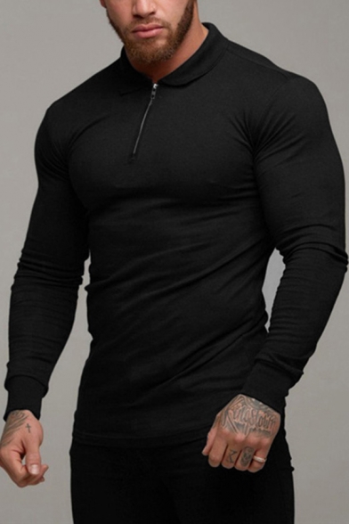 Leisure Mens T-Shirt Solid Color 1/4 Zip Collar Turn-down Collar Long Sleeves Fitted Tee Top