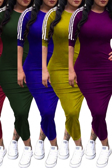 Leisure Women's T-Shirt Dress Stripe Pattern Round Neck Half Sleeves Long Bodycon Dress