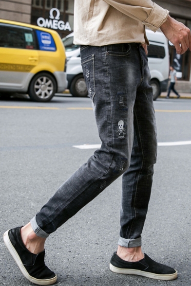 Men's New Stylish Colorblock Washed Letter Printed Slim Fit Black and Grey Trendy Jeans
