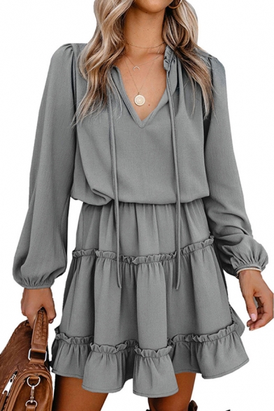 Popular Dress Solid Color Long Sleeve Drawstring V-neck Ruffled Short Pleated A-line Dress for Ladies