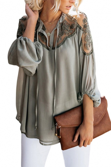 Pretty Girls Sheer Lace Jacquard Blouson Sleeve Deep V-neck Relaxed Fit Chiffon Solid Blouse