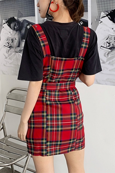 Red Checked Printed Ribbon Panel Straps Zipper Front Mini A-Line Overall Dress