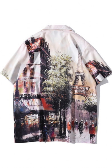 Retro Men's Shirt Landscape Paris Effel Tower Street Pattern Button Fly Turn-down Collar Short Sleeves Relaxed Fit Shirt