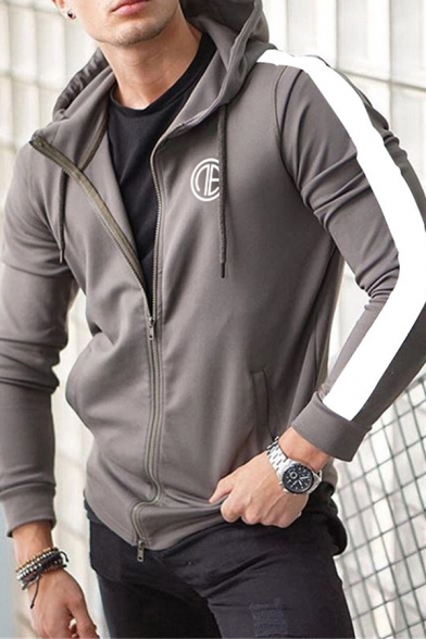 Stylish Mens Jacket Contrast Panel Color Block Zip Placket Side Pocket Long-sleeved Drawstring Hooded Training Jacket
