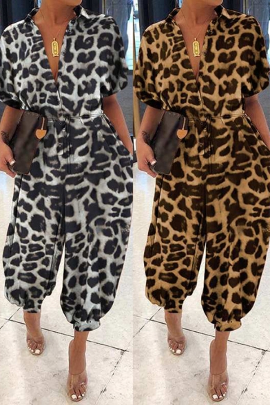 Stylish Women's Jumpsuit Leopard Print Button Design Turn-down Collar Short Sleeves Ankle Tied Relaxed Fitted Jumpsuit