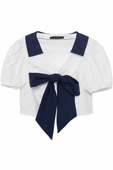 Stylish Women's Shirt Blouse Contrast Panel Front Tie Short Puff Sleeves Spread Collar Cropped Shirt Blouse