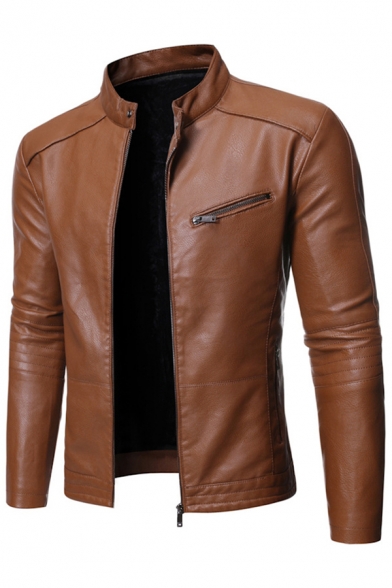 Trendy Men's Leather Jacket Solid Color Zip Placket Stand Collar Long-sleeved Regular Fitted Leather Jacket