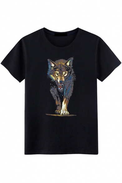 Trendy Men's Tee Top Animal Wolf Pattern Round Neck Short Sleeves Regular Fitted T-Shirt