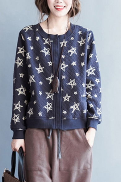 Trendy Women's Jacket All over Star Print Quilted Ribbed Trim Zip Fly Pockets Round Neck Long-sleeved Regular Fitted Jacket