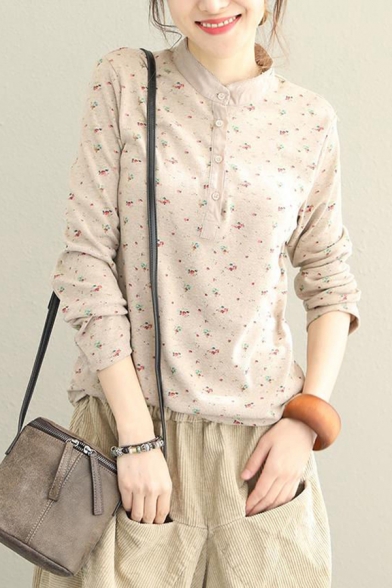 Trendy Women's Tee Top Ditsy Floral Pattern Contrast Trim Button Detail Long Sleeves Mock Neck Regular Fitted T-Shirt