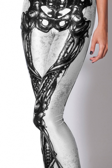Unique Women's 3D Leggings Space Galaxy Bone Graphic Digital Print Mid Rise Full Length Skinny Leggings