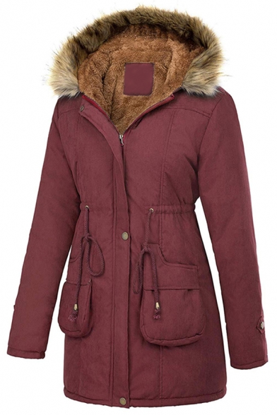 Women's Warm Winter Long Sleeve Hooded Button Down Drawstring Zipper Detail Sherpa Trim Loose Midi Plain Down Coat