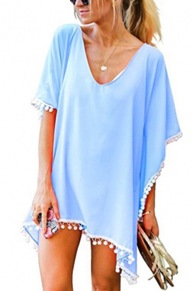 Womens Stylish Dress Plain Tassel Trim Batwing Sleeve V-neck Short Relaxed Dress