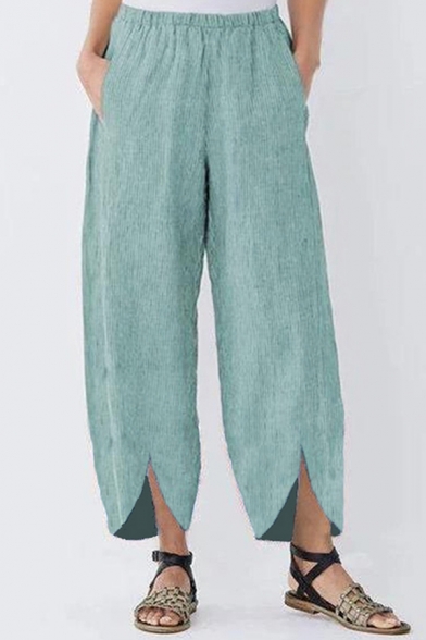 Basic Girls Pants Solid Color Elastic Waist Slit Ankle Length Baggy Pants